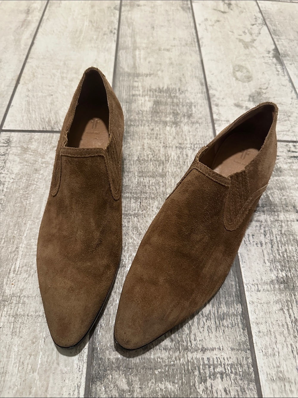 Frye Brown Suede Pointed-Toe Ankle Booties